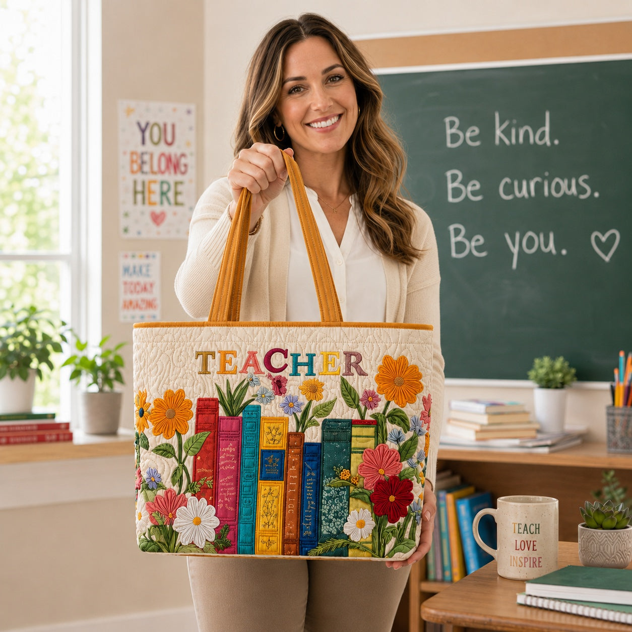 Custom Teacher Quilted Tote Bag, Custom Book Flower Tote Bag, Teacher Bag Gift, Back To School Tote Bag, Quilted Shoulder Bag, Quilted Book Bag, Fabric Bag QTOTE65