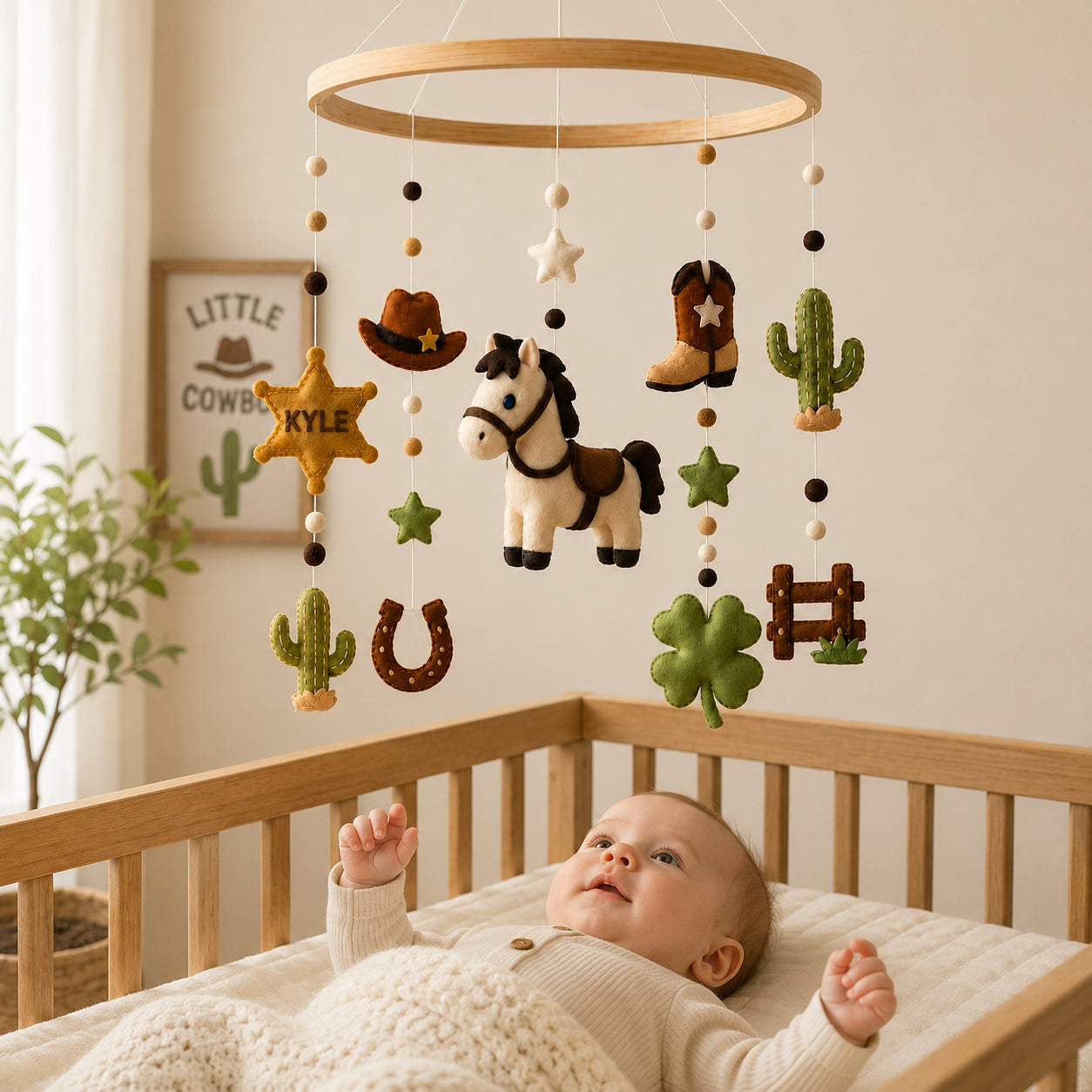 Personalized Cowboy Felt Baby Mobile, Custom Name Horse Nursery Crib Mobile, Western Baby Room Decor BBMB14