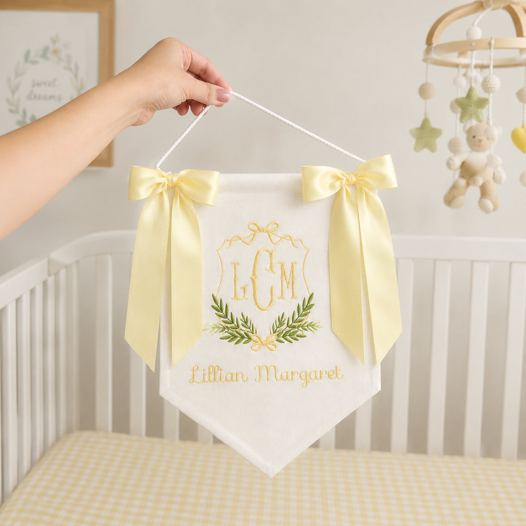 Personalized Embroidered Floral Baby Crib Banner With Bow, Custom Baby Name Nursery Banner with Birth Stats Tag, Newborn Hospital Announcement, Baby Shower Gift BBFLAG13