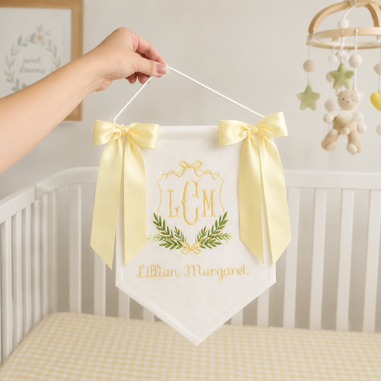 Personalized Embroidered Floral Baby Crib Banner With Bow, Custom Baby Name Nursery Banner with Birth Stats Tag, Newborn Hospital Announcement, Baby Shower Gift BBFLAG13