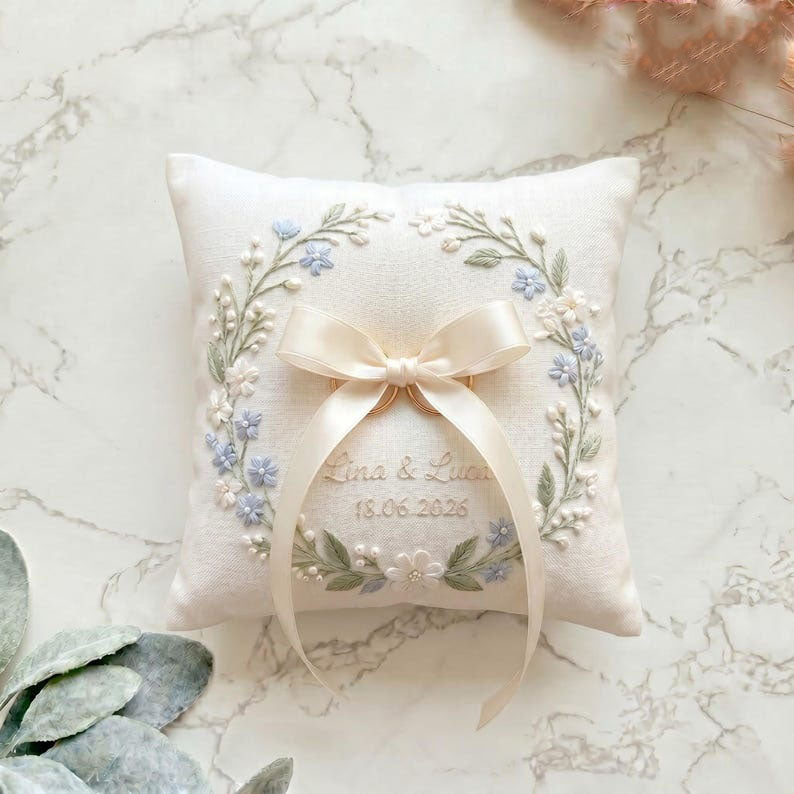 Personalized Embroidered Floral Wedding Ring Bearer Pillow, Custom Wedding Ring Pillow, Wedding Keepsake Gift WPILLOW13