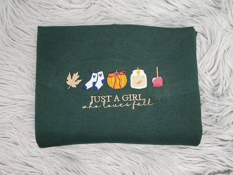 Girls Loves Fall Embroidered Shirt, Just a Girl Shirt, Cozy Autumn Pumpkin Spice Shirt, Halloween Shirt Gift HLNS13