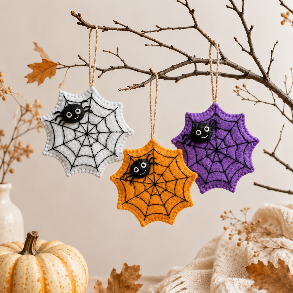Set 3Pcs Halloween Spider Web Felt Ornament, Embroidery Felt Ornament, Hanging Decor, Halloween Gift for Home Decoration HFOR15