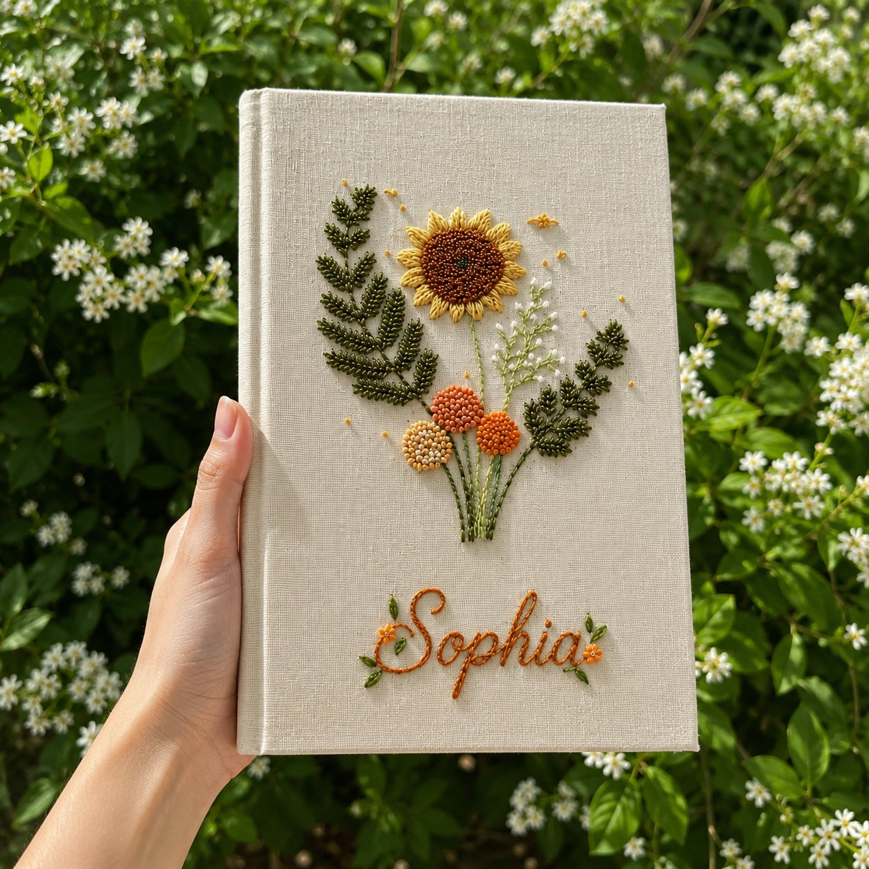 Hand Embroidered Floral Notebook, Custom Sunflower Notebook, Personalized Flower Notebook With Name, Linen Fabric Hard Cover Notebook, Special Custom Handmade Gift and Keepsakes ENB09