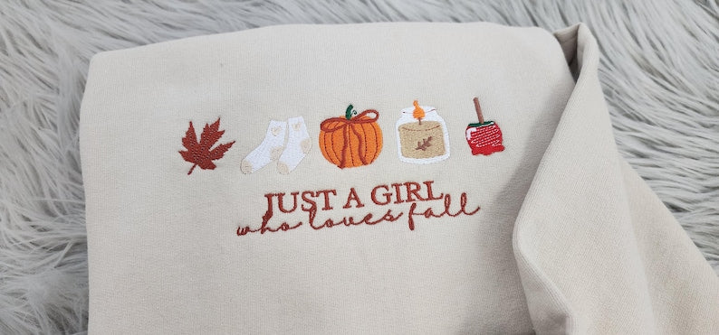 Girls Loves Fall Embroidered Shirt, Just a Girl Shirt, Cozy Autumn Pumpkin Spice Shirt, Halloween Shirt Gift HLNS13