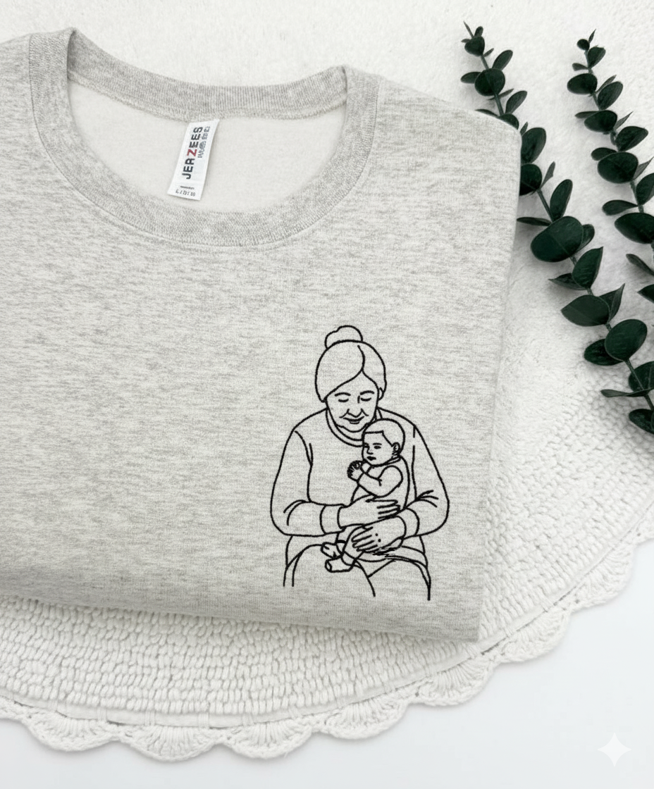 Personalized Grandma Sweatshirt, Custom Outline Embroidery, Family Portrait Pullover, Grandma Gift Idea, Personalized Family Christmas Gift