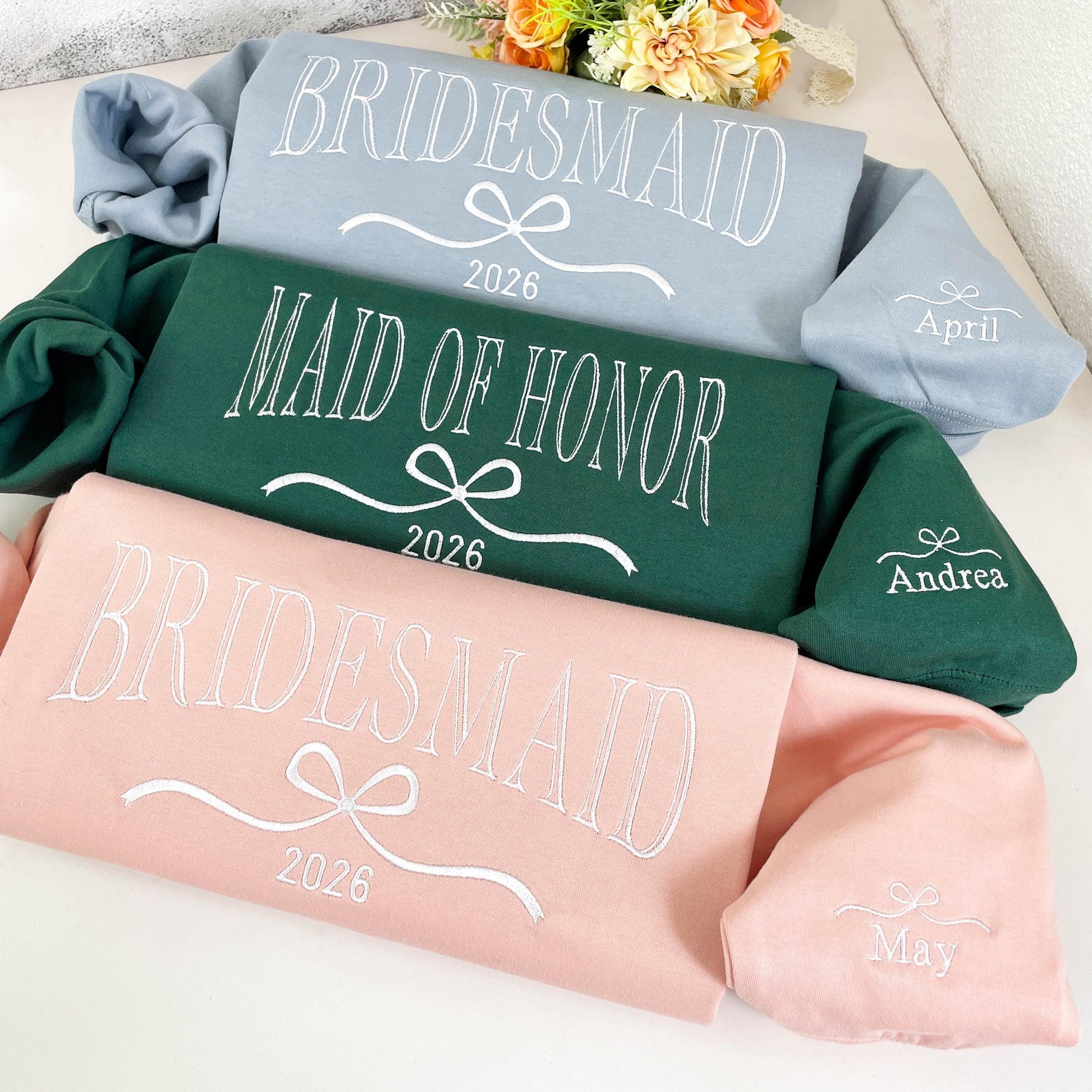 Custom Bride, Maid of Honor, Bridesmaid Embroidered Sweatshirt, Bridal Party Merch, Bridal Shower Favors, Bachelorette Party Gift, Wedding Gift