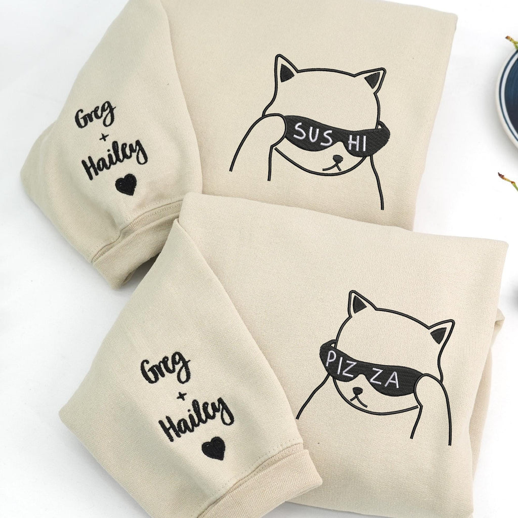 Cute Cat Hoodie with Sunglasses, Pizza Sushi Hoodie, Matching Couple Sweatshirt, Personalized Embroidery, Fun Gift Idea