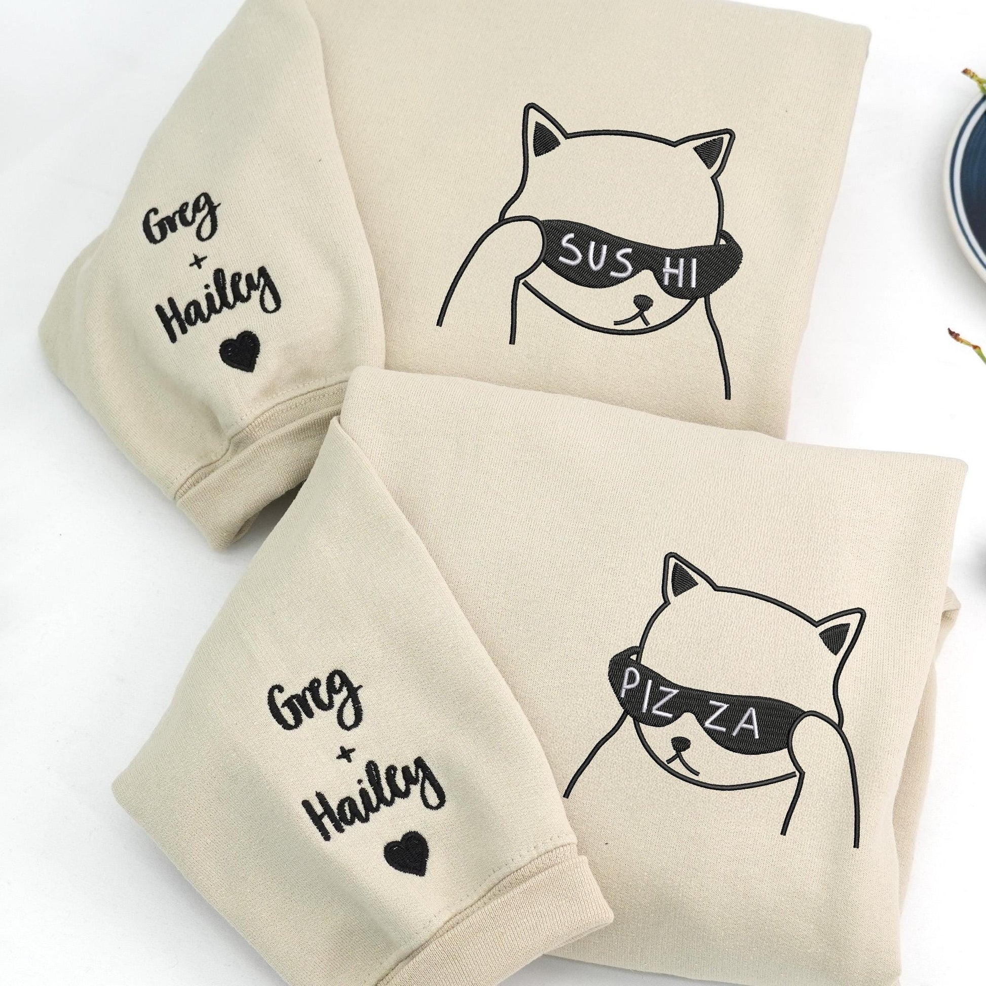 Cute Cat Hoodie with Sunglasses, Pizza Sushi Hoodie, Matching Couple Sweatshirt, Personalized Embroidery, Fun Gift Idea