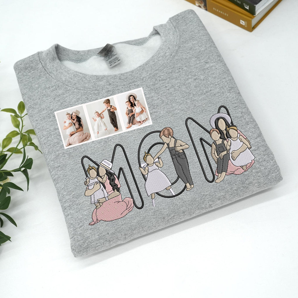 Mama Sweatshirt Embroidered Portrait From Photo, Custom Mom and Daughter and Son Gift, Mom Portrait Crewneck, Mama Christmas Gift
