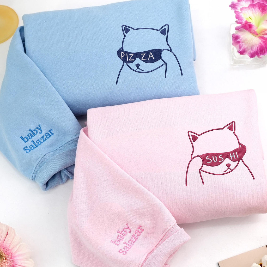 Cute Cat Hoodie with Sunglasses, Pizza Sushi Hoodie, Matching Couple Sweatshirt, Personalized Embroidery, Fun Gift Idea