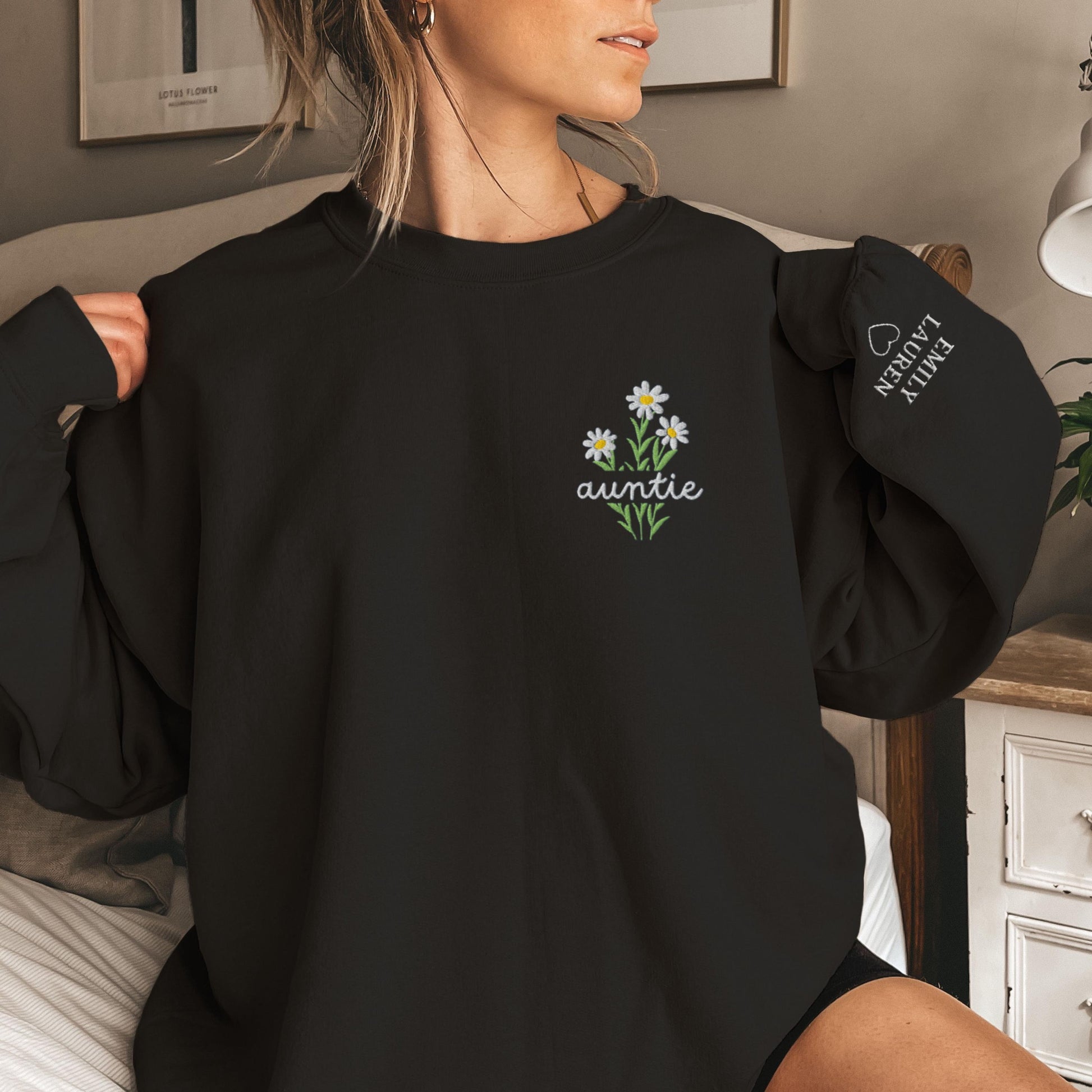 EMBROIDERED Custom Auntie Flower Sweatshirt, Wrist Sleeve Embroidery, Personalized Year Floral Sweater, Wildflowers, New Aunt Est Year Gift