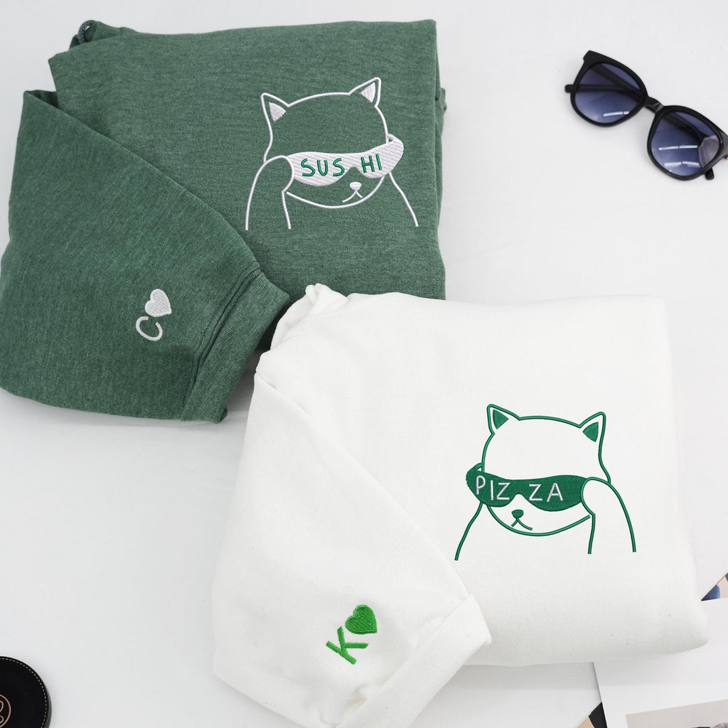 Cute Cat Hoodie with Sunglasses, Pizza Sushi Hoodie, Matching Couple Sweatshirt, Personalized Embroidery, Fun Gift Idea