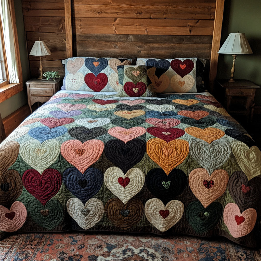 Heart Patchwork Quilted Bedding Set, Colorful Love Heart Quilt with Pillow Covers, Rustic Cottage Bedroom Decor QBEDSET47