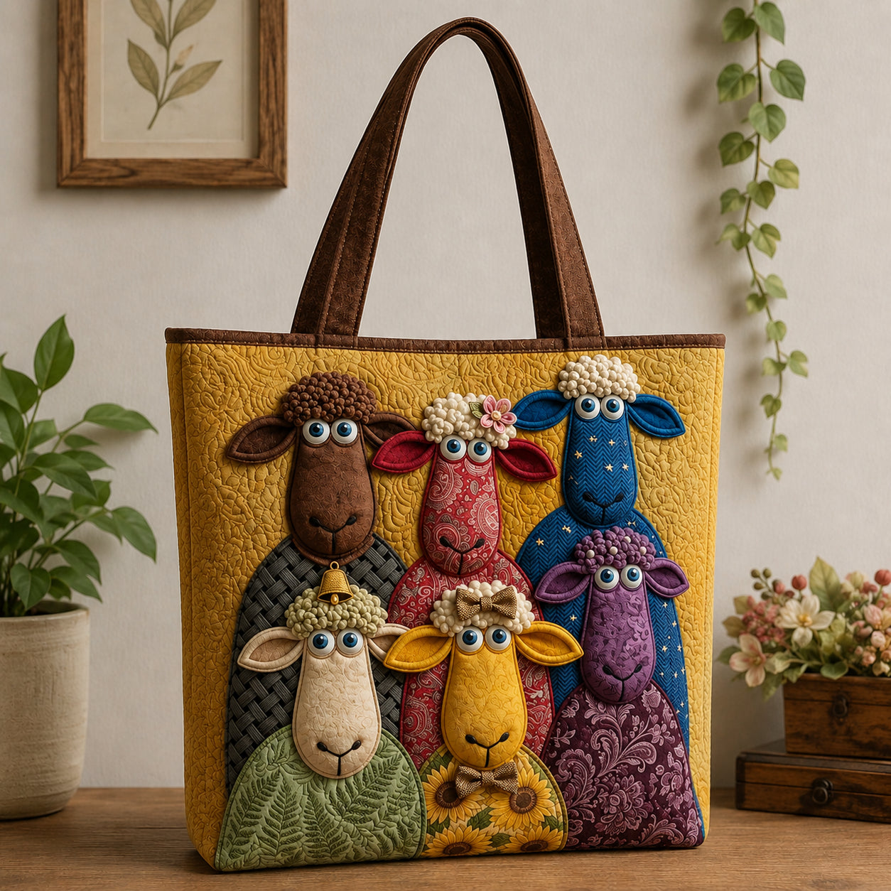 Colorful Sheep Quilted Tote Bag, Sheep Tote Bag, Quilted Shoulder Bag, Quilted Book Bag, Fabric Bag QTOTE66