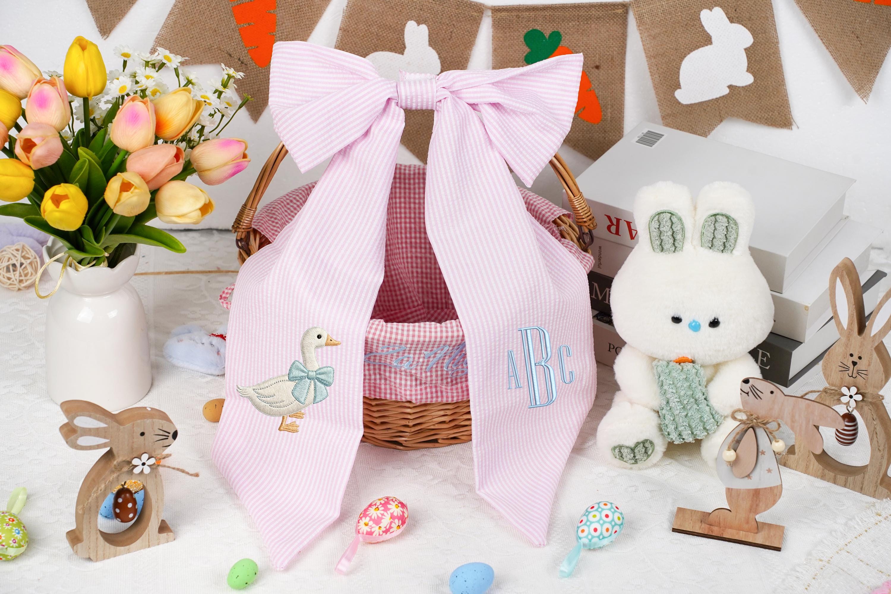 Personalized Seersucker Easter Basket Bow, Custom Monogrammed Bow, Baby Shower Favor, Wedding Basket Bow, Spring Decoration