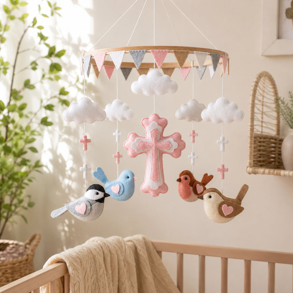 Personalized Pink Christian Cross Felt Baby Mobile, Handmade Bird Nursery Crib Mobile, Baptism Gift and Baby Girl Room Decor BBMB15