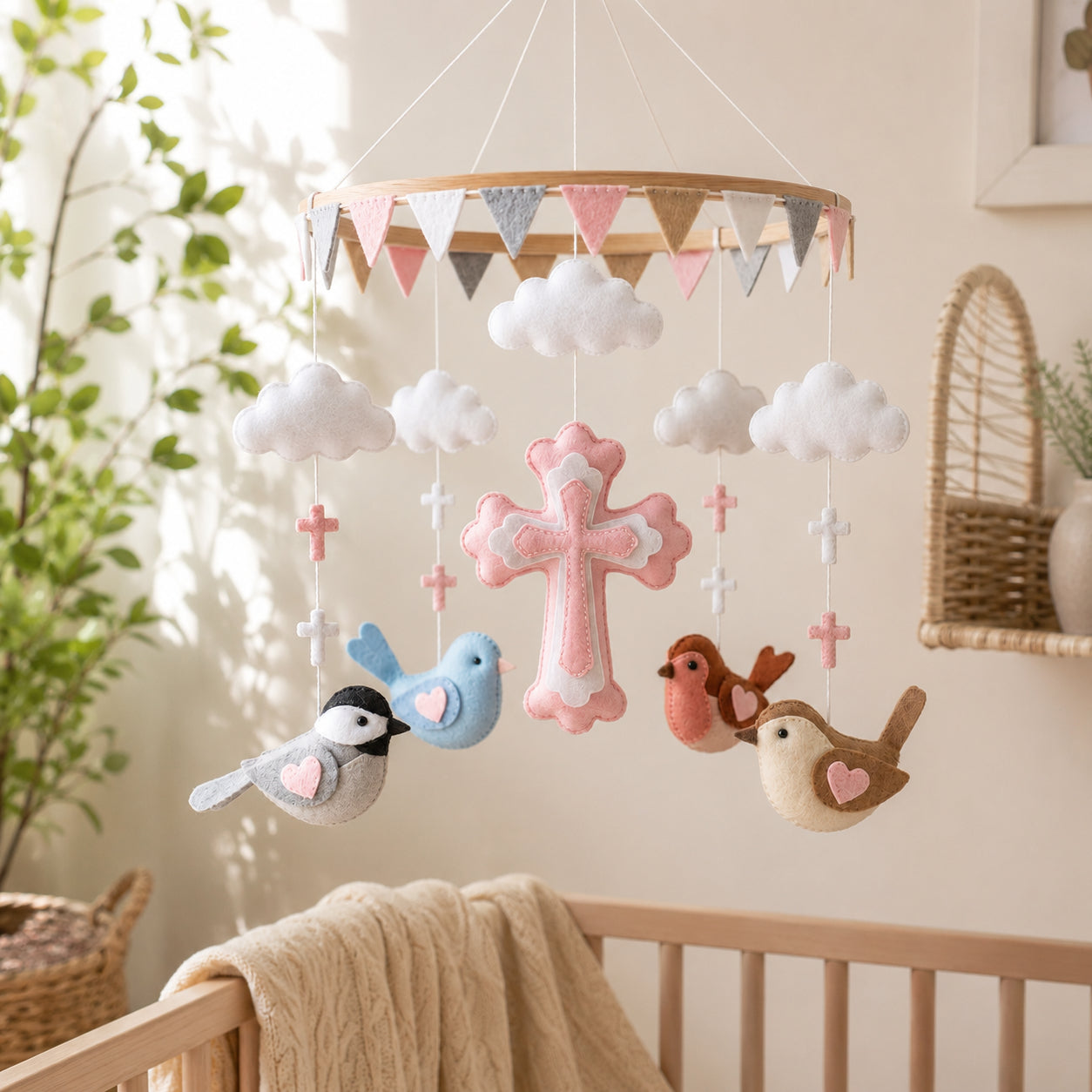 Personalized Pink Christian Cross Felt Baby Mobile, Handmade Bird Nursery Crib Mobile, Baptism Gift and Baby Girl Room Decor BBMB15