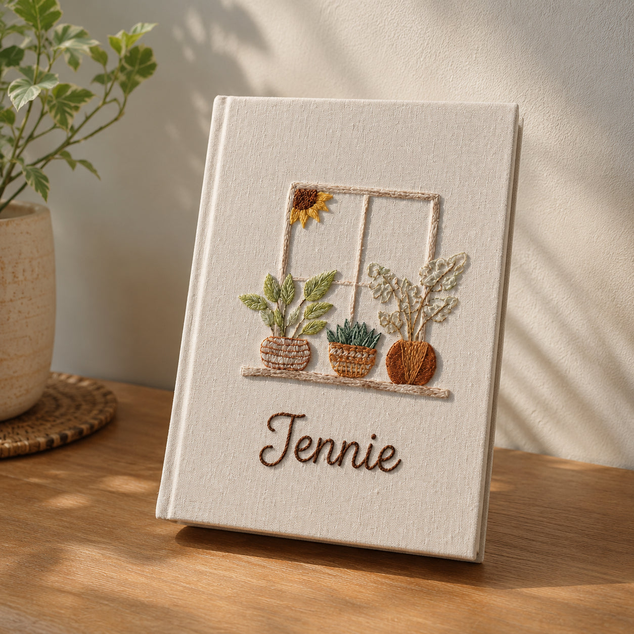 Hand Embroidered Botanical Journal Notebook, Custom Notebook, Plant Lover Diary, Personalized Flower Notebook With Name, Linen Fabric Hard Cover Notebook, Special Custom Handmade Gift and Keepsakes ENB10