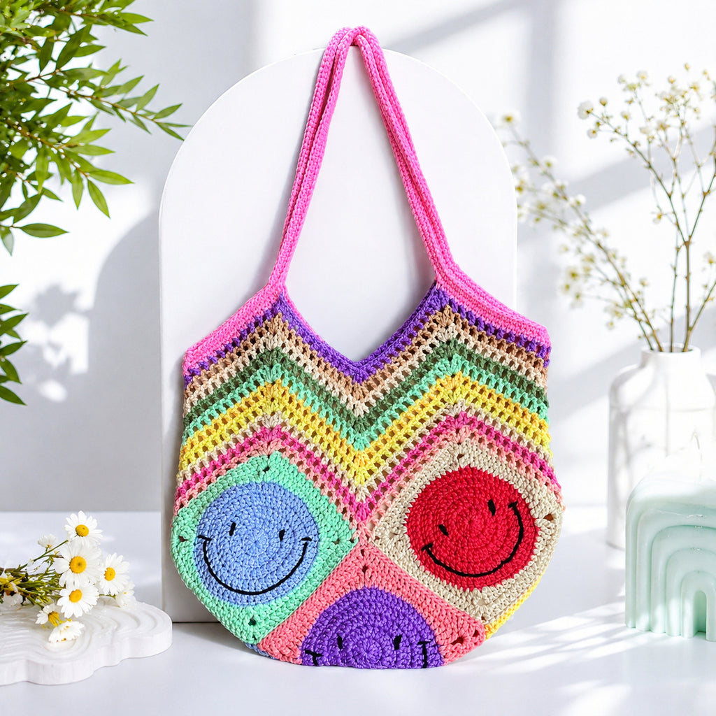 Crochet Smiley Face Tote Bag, Colorful Handmade Shoulder Bag, Retro Boho Summer Purse Crochet08