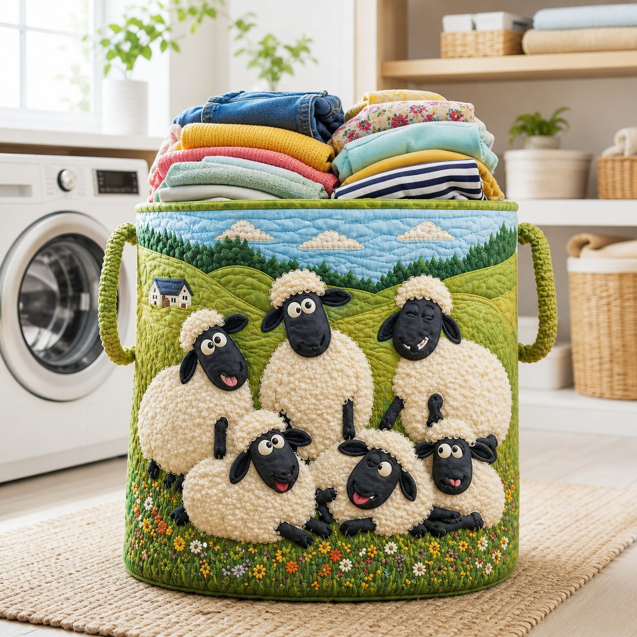 Funny Family Sheep Pattern Quilted Laundry Basket, Cute Sheep Storage Hamper, Custom Name Quilted Basket, Laundry Room Decor, Family Basket, Fabric Clothes Basket QBK83