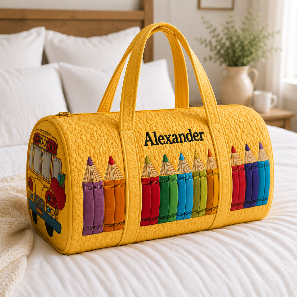 Personalized Teacher Quilted Duffle Bag, School Bus & Pencil Travel Bag, Custom Teacher Weekender, Back to School Gift DFB37