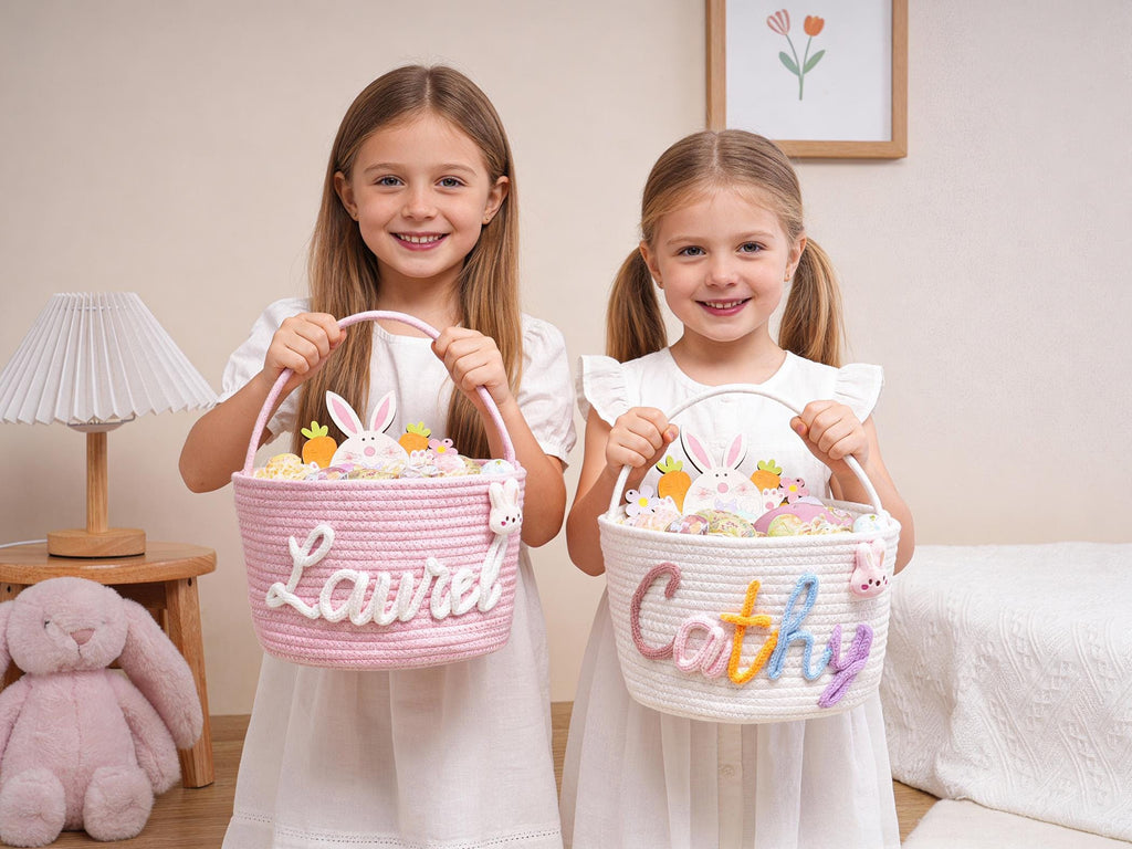 Personalized Easter Basket with Name, Handwoven Rope Basket, Easter Bunny Gift for Kids, Easter Egg Hunt Basket, Baby Shower Gift