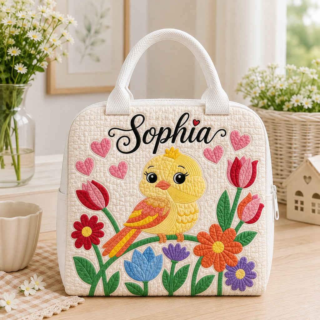 Bird Floral Quilted Lunch Bag, Insulated Quilted Lunch Tote, Bird Lunch Bag, Custom Kid Lunch Bag, Back To School Bag, Picnic Bag, Reusable Lunch Tote QLB15