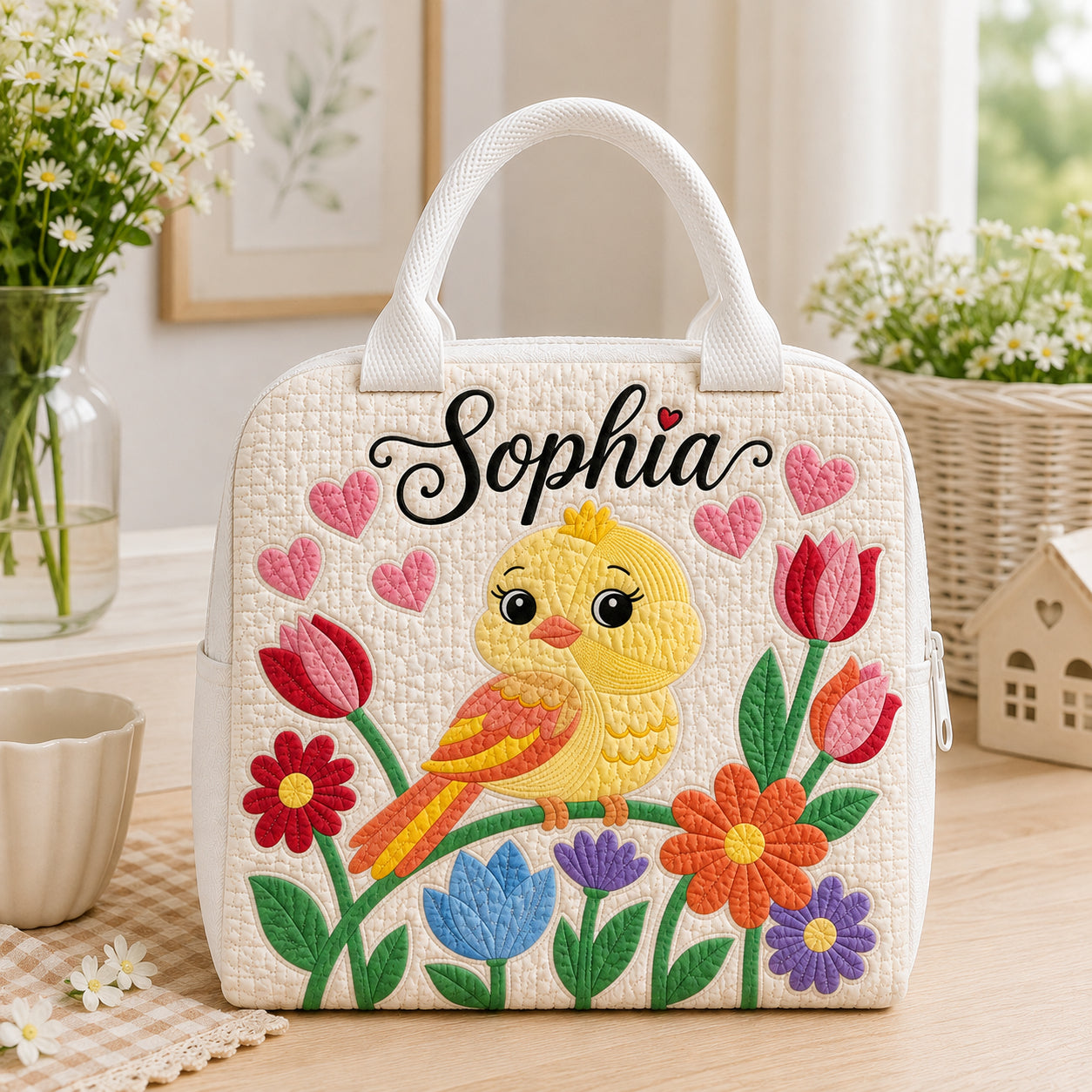 Bird Floral Quilted Lunch Bag, Insulated Quilted Lunch Tote, Bird Lunch Bag, Custom Kid Lunch Bag, Back To School Bag, Picnic Bag, Reusable Lunch Tote QLB15