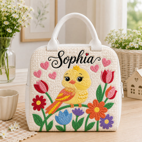 Bird Floral Quilted Lunch Bag, Insulated Quilted Lunch Tote, Bird Lunch Bag, Custom Kid Lunch Bag, Back To School Bag, Picnic Bag, Reusable Lunch Tote QLB15