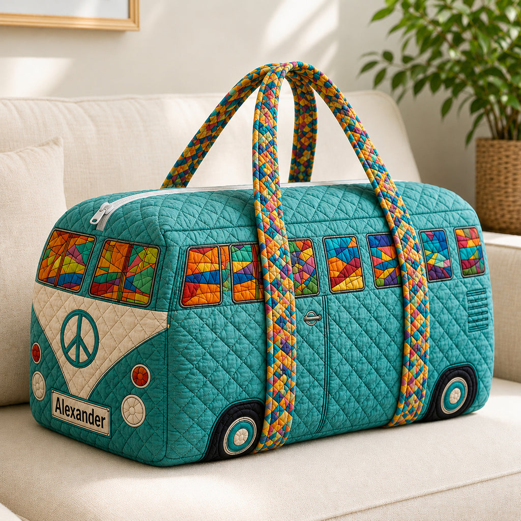 Hippie Van Quilted Duffle Bag, Retro Camper Van Travel Weekender Bag, Travel Bag Gift, Family Trip Bag QTTVB10