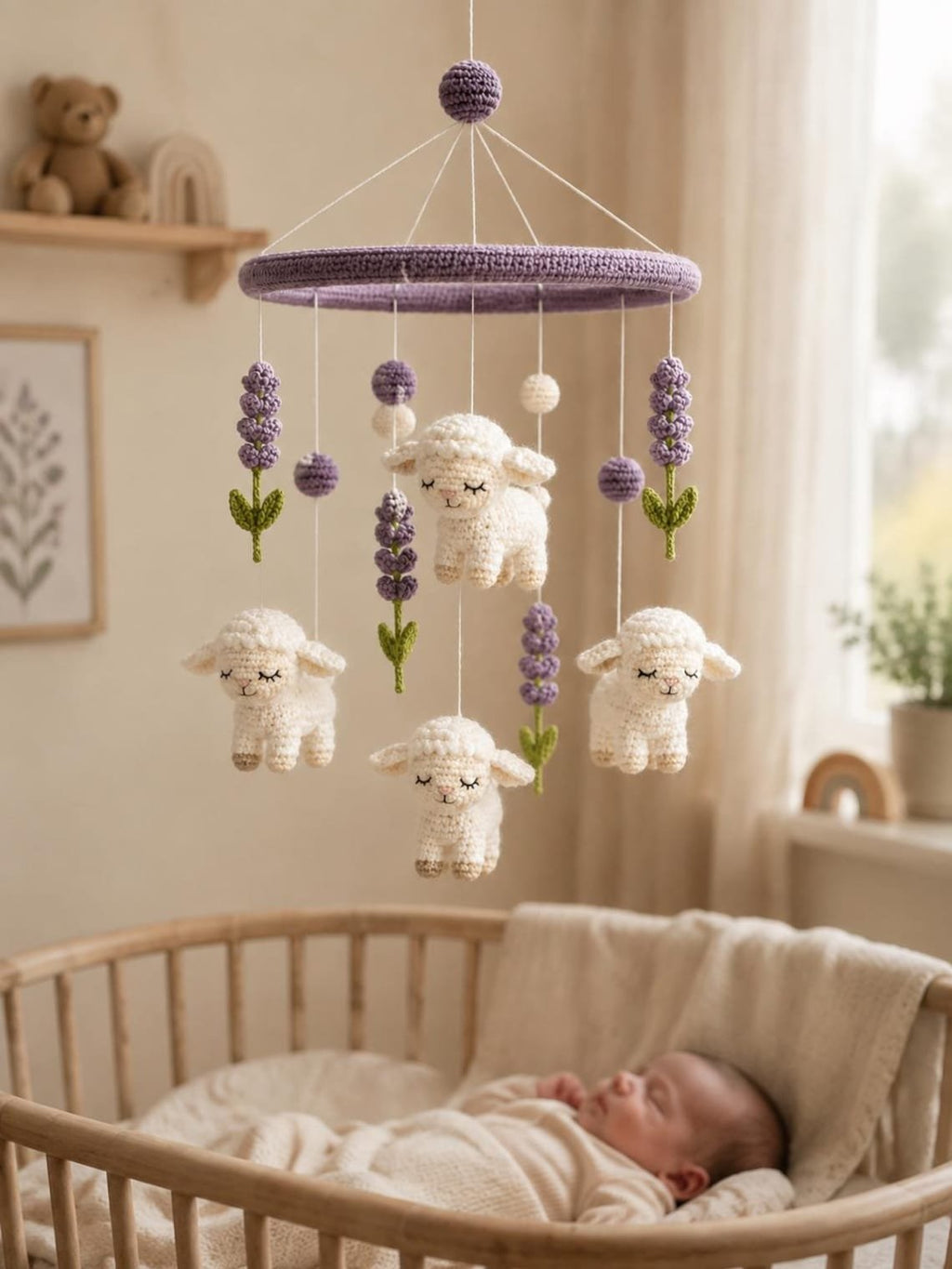 Lamb Lavender Baby Crib Mobile, Handmade Crochet Sheep Mobile, Purple Floral Nursery Decor, Farm Animal Baby Mobile, Baby Shower Gift CrochetBBM13