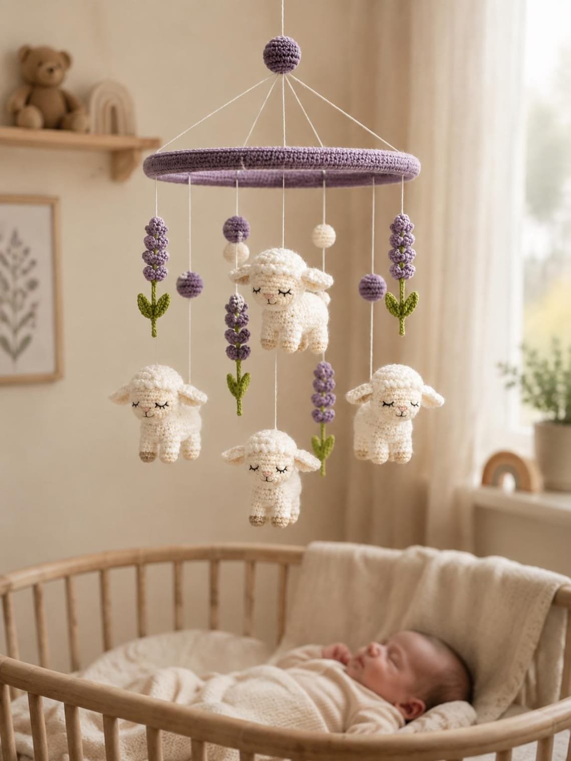 Lamb Lavender Baby Crib Mobile, Handmade Crochet Sheep Mobile, Purple Floral Nursery Decor, Farm Animal Baby Mobile, Baby Shower Gift CrochetBBM13