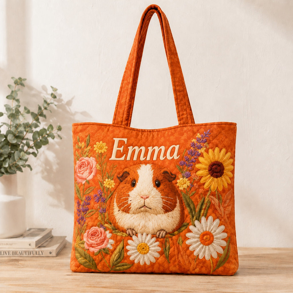Cute Guinea Pig Pattern Quilted Tote Bag, Pet Floral Shoulder Bag, Animal Art Tote, Fabric Tote Bag, Gift Bag QTOTE39