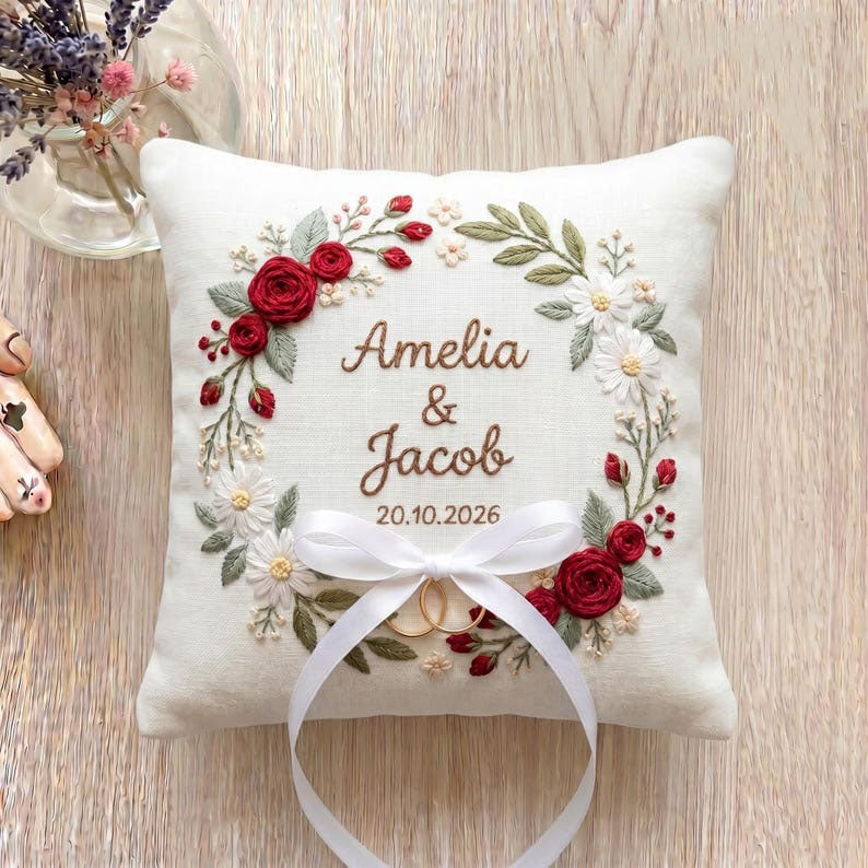 Personalized Embroidered Floral Wedding Ring Bearer Pillow, Custom Wedding Ring Pillow, Wedding Keepsake Gift WPILLOW14