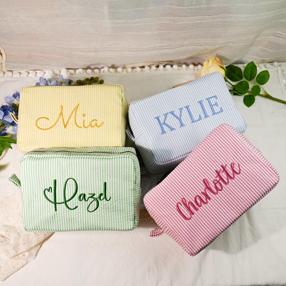Custom Embroidered Seersucker Toiletry Bag, Personalized Name Travel Pouch, Bridesmaid Gift