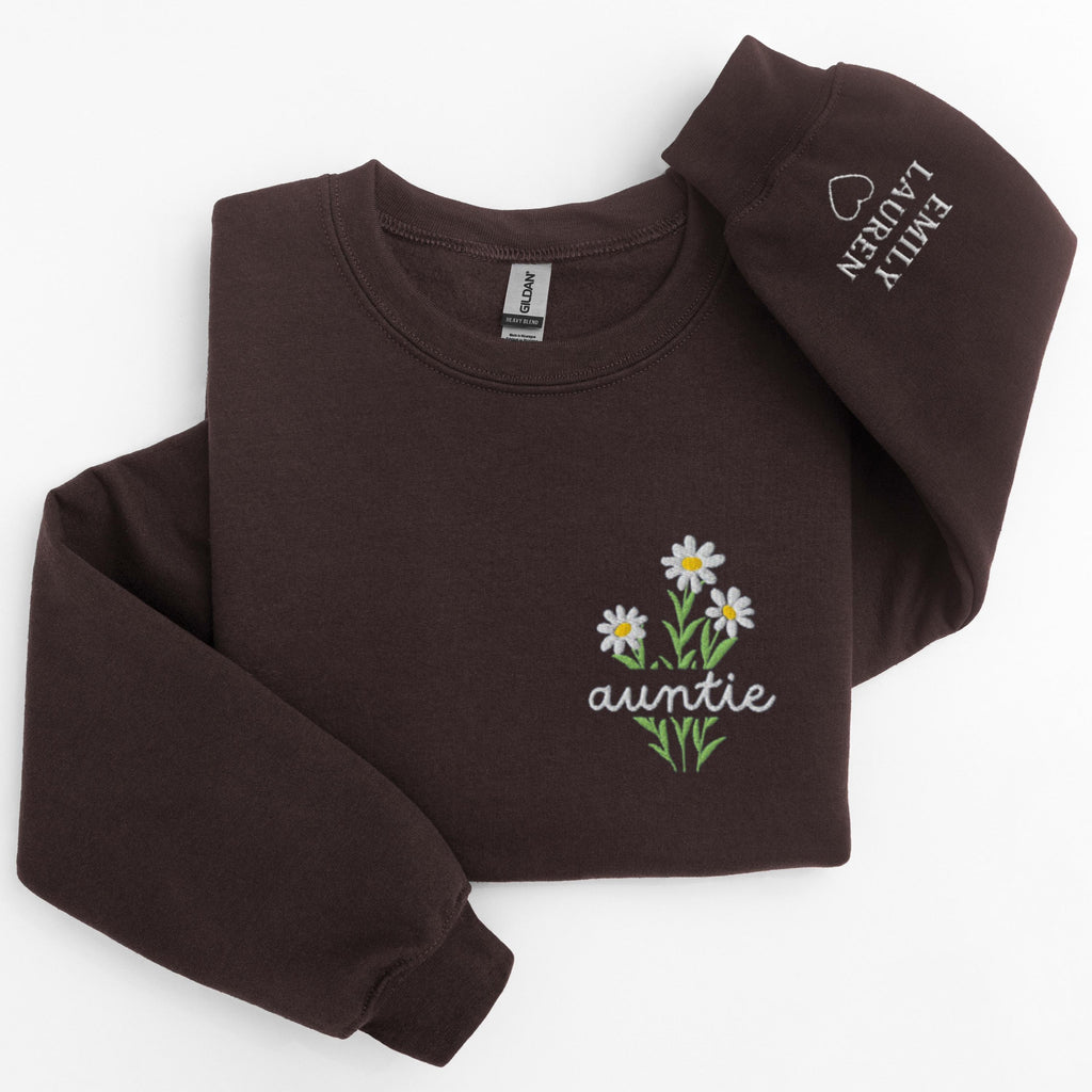 EMBROIDERED Custom Auntie Flower Sweatshirt, Wrist Sleeve Embroidery, Personalized Year Floral Sweater, Wildflowers, New Aunt Est Year Gift