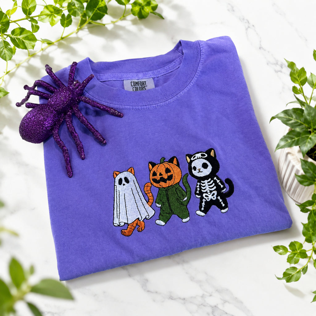 Embroidered Halloween Cat And Ghosts Shirt, Spooky Fall Crewneck, Funny Cat Ghost SHirt, Unisex Shirt HLEM15