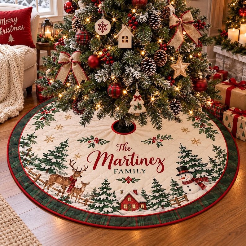 Personalized Quilted Tree Skirt, Patchwork Xmas Tree Skirt, Holiday Decor, Xmas Tree Base Cover, Custom Tree Skirt XMASTS15