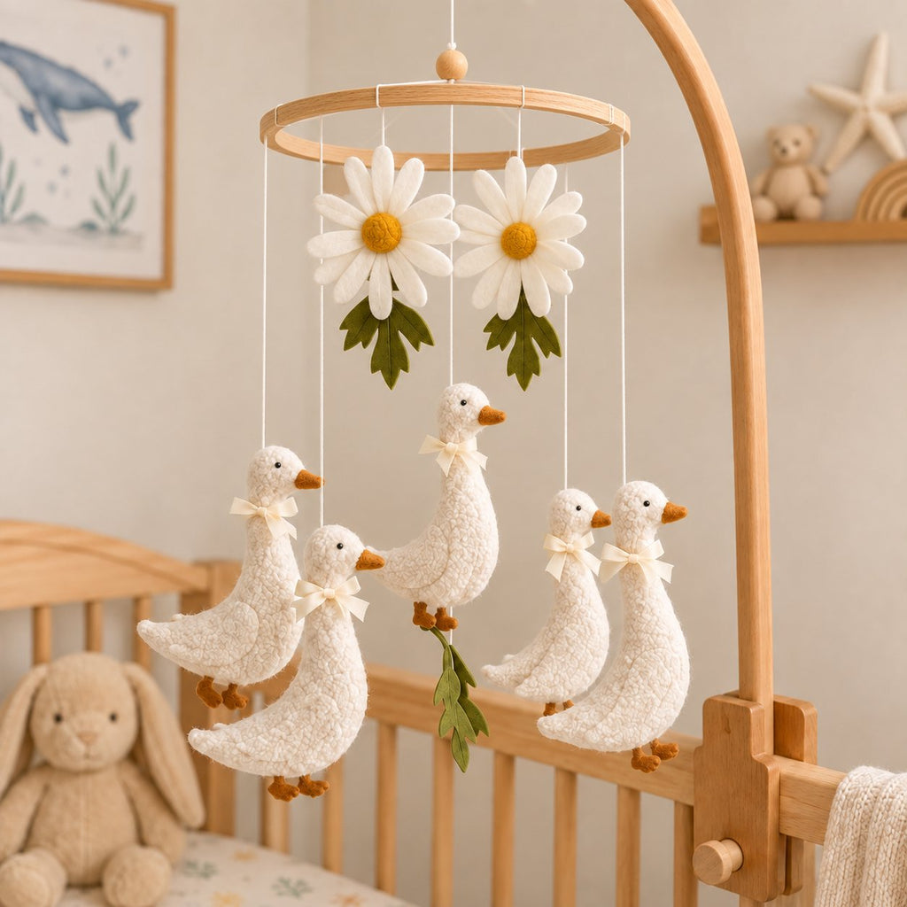 Goose Baby Mobile, Handmade Felt Crib Mobile with White Ducks and Daisy Flowers, Farmhouse Nursery Decor, Baby Room Hanging Gift BBMB32