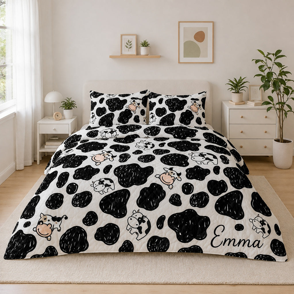 Cow Print Quilted Bedding Set, Milk Cow Blanket, Custom Farm Cow Quilt Set with Pillow Covers, Black White Bedroom Decor QBEDSET13