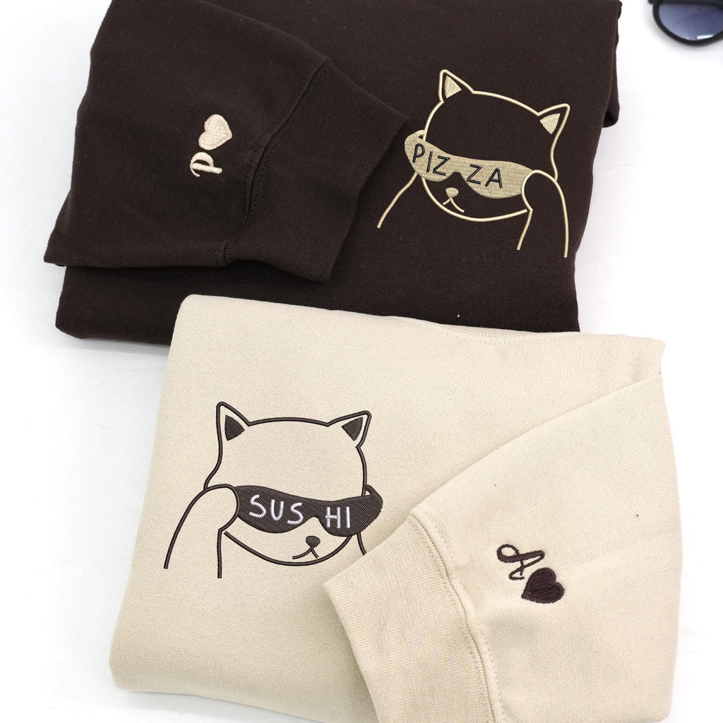Cute Cat Hoodie with Sunglasses, Pizza Sushi Hoodie, Matching Couple Sweatshirt, Personalized Embroidery, Fun Gift Idea