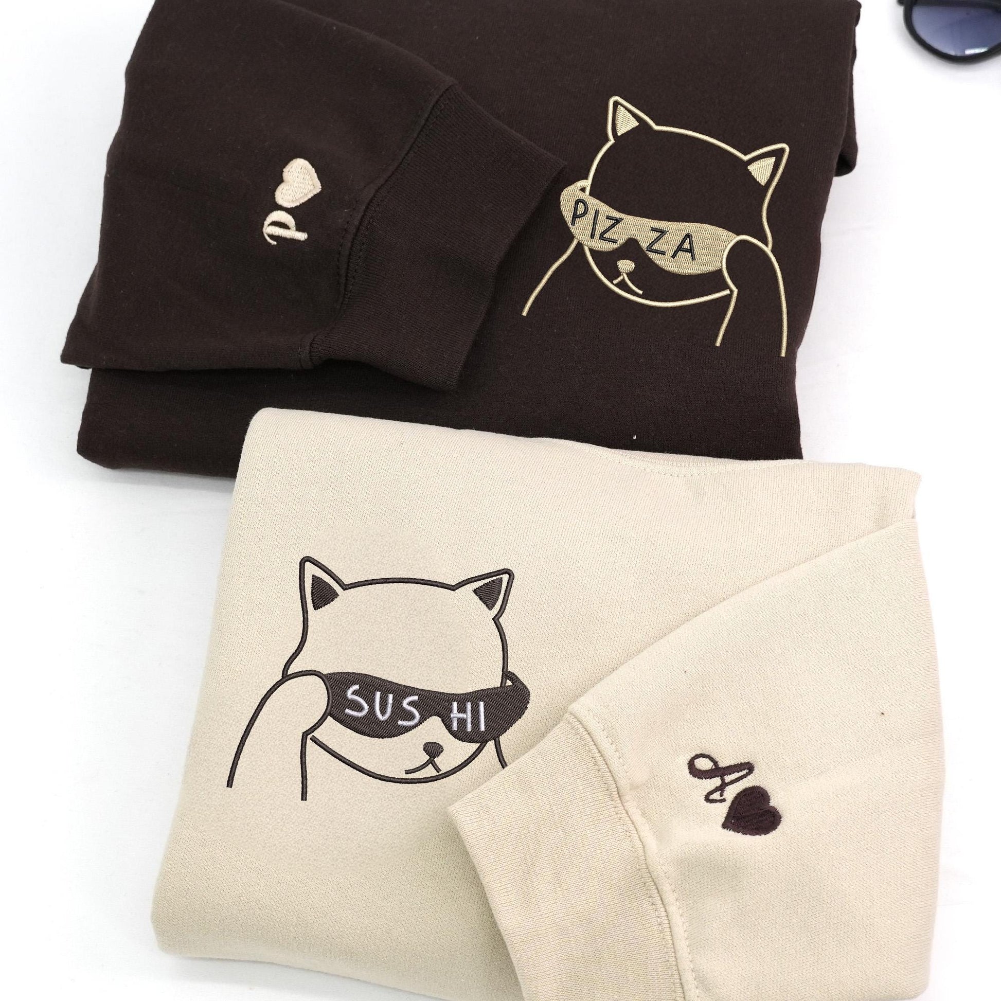 Cute Cat Hoodie with Sunglasses, Pizza Sushi Hoodie, Matching Couple Sweatshirt, Personalized Embroidery, Fun Gift Idea