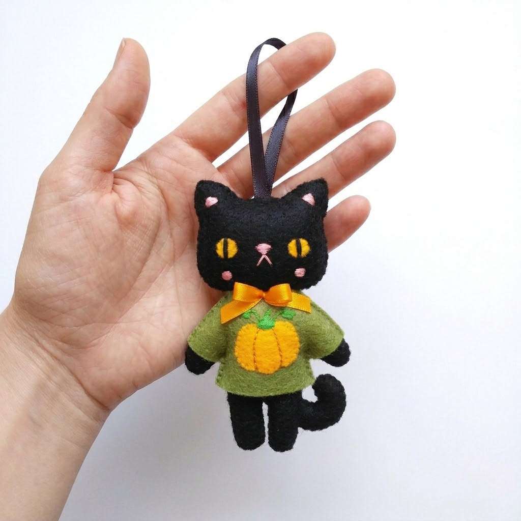 Halloween Black Cat Pumpkin Felt Ornament, Embroidery Cat Felt Ornament, Hanging Decor, Halloween Gift for Home Decoration HFOR16