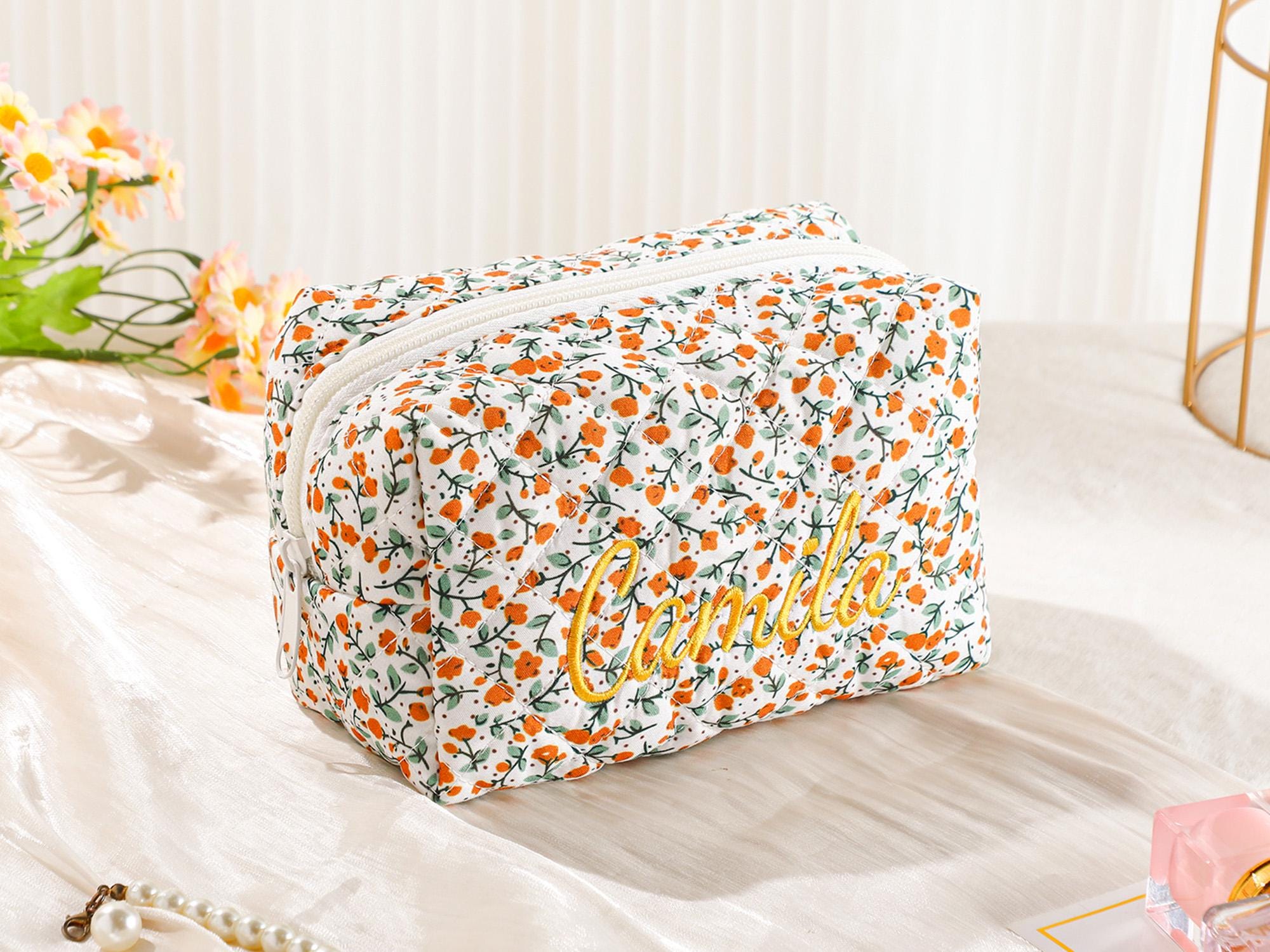 Personalized Embroidered Makeup Bag – Custom Floral Cosmetic Bag, Travel Makeup Pouch, Bridesmaid Gift for Her