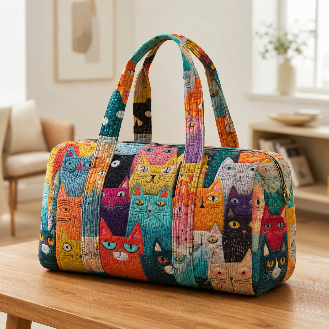 Colorful Cat Quilted Duffle Bag, Cat  Pattern Duffle Bag, Overnight Bag, Quilted Travel Bag, Quilted Weekend Bag, Custom Bag Gift DFB12