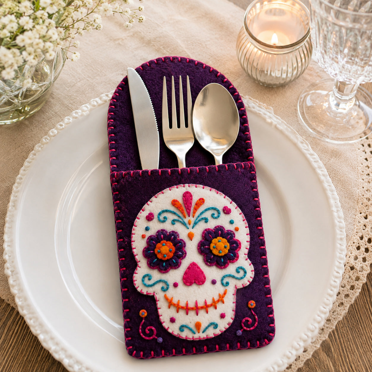 Sugar Skull Felt Silverware Holder, Day of the Dead Cutlery Pocket, Halloween Table Decor, Dia de los Muertos Place Setting FELTCH15