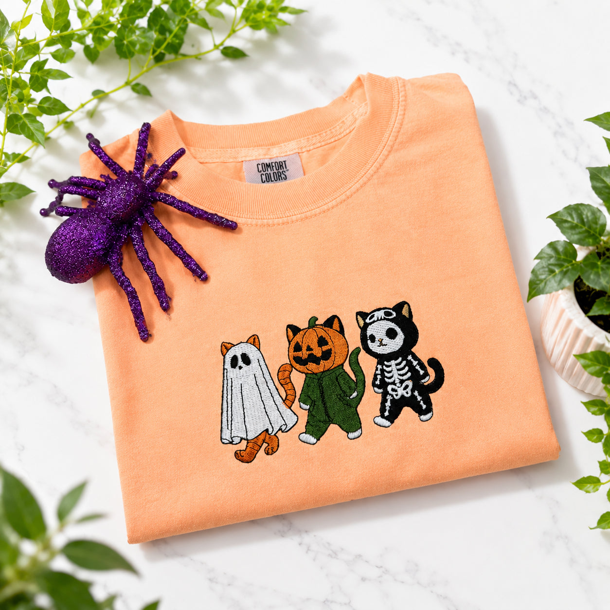 Embroidered Halloween Cat And Ghosts Shirt, Spooky Fall Crewneck, Funny Cat Ghost SHirt, Unisex Shirt HLEM15
