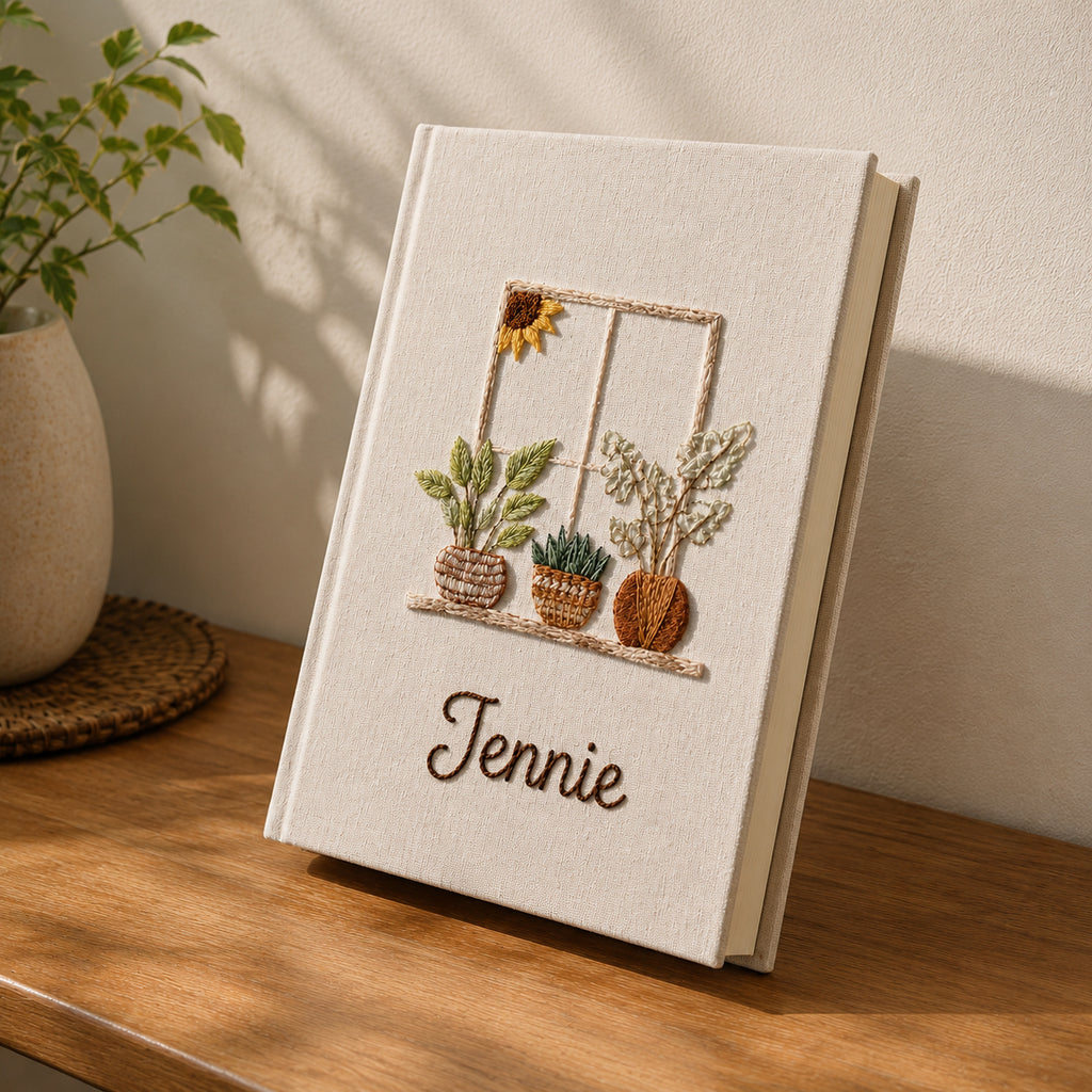 Hand Embroidered Botanical Journal Notebook, Custom Notebook, Plant Lover Diary, Personalized Flower Notebook With Name, Linen Fabric Hard Cover Notebook, Special Custom Handmade Gift and Keepsakes ENB10