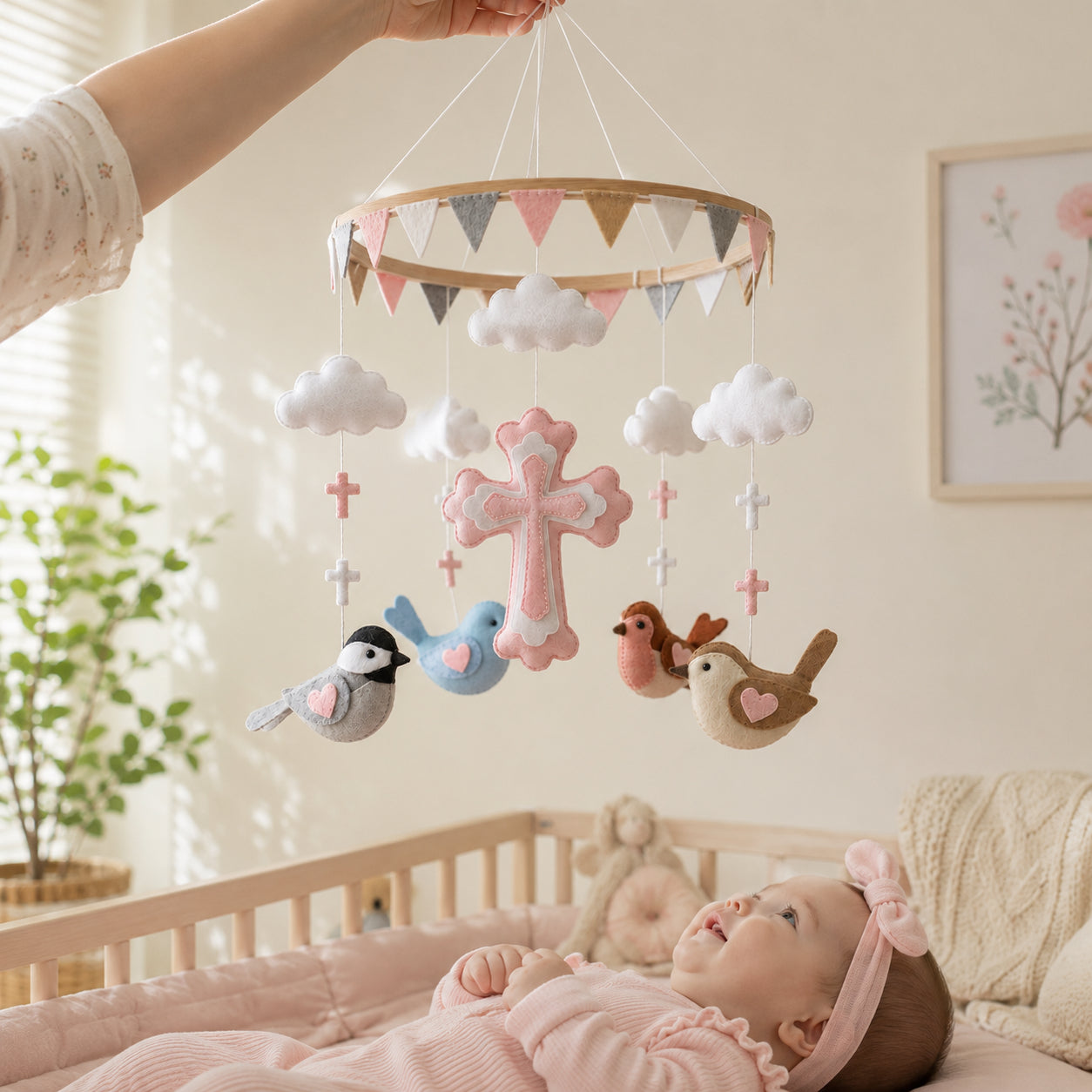 Personalized Pink Christian Cross Felt Baby Mobile, Handmade Bird Nursery Crib Mobile, Baptism Gift and Baby Girl Room Decor BBMB15